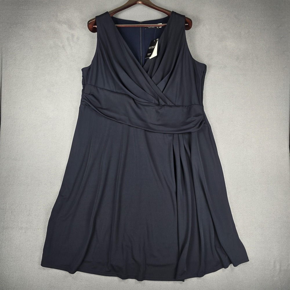 Lauren Ralph‎ Lauren Dress Womens 20W Navy Blue Faux Wrap Jersey Fit & Flare